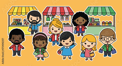 Cartoon people shopping at outdoor market with colorful stalls and friendly vendors on a bright, cheerful day.