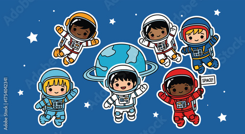 Diverse group of cartoon astronauts floating around planet in outer space, representing exploration and adventure, evoking a sense of wonder and excitement.