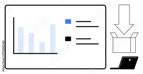 Bar graph and legend on screen, downward arrow pointing to open box, and laptop. Ideal for data management, workflow, download, report processing, logistics business storage. Simple flat metaphor