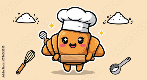 Cute croissant baker holding rolling pin in kitchen preparing dough with flour and whisk in a playful and cheerful mood.