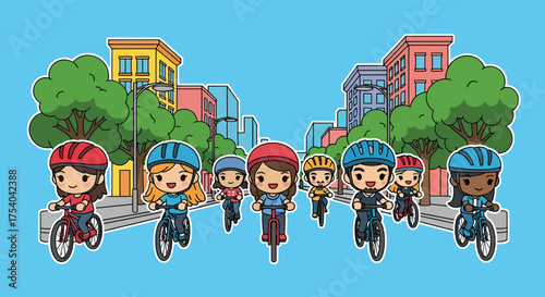 Group of diverse cyclists riding bicycles down city street on sunny day, enjoying healthy outdoor activity and urban adventure.