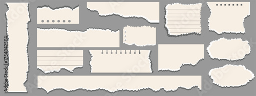 Collection of torn paper pieces in various shades of brown. Torn paper edges, brown paper textures, and ripped paper fragments in diverse brown tones. Brown element vector set