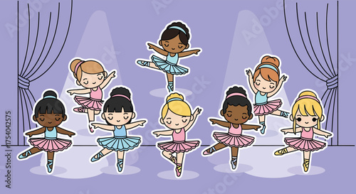 Group of cute ballerinas dancing on stage with purple curtains and spotlights, showcasing grace and teamwork in a joyful performance.