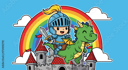 Brave knight rides friendly dragon over fairytale castle beneath colorful rainbow in whimsical children's fantasy world, full of joy and adventure.
