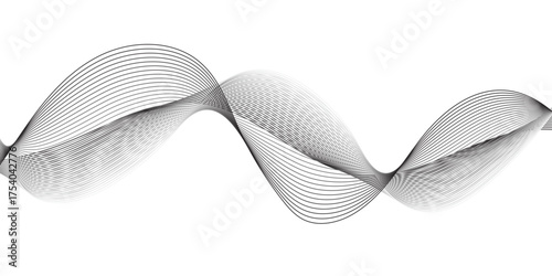 Abstract black and white wave line pattern on white background, smooth flowing curve with dotted mesh texture, modern minimal design concept for technology, sound wave, or digital background.