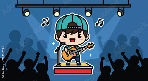 Cute cartoon musician playing guitar on stage under spotlights, entertaining a crowd with joyful performance.