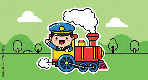 Cartoon train conductor waves from his red and yellow steam engine through green hills, creating a cheerful and playful scene.