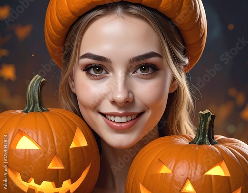 Smiling woman in orange with two jack-o-lanterns