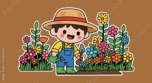 Cute gardener tending colorful flowerbed with shovel and watering can in sunny garden, showcasing joy and springtime bloom.
