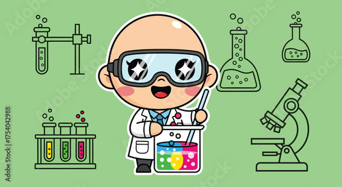Happy cartoon scientist mixes colorful chemicals in beaker in laboratory with test tubes and microscope, creating a fun and educational science scene.