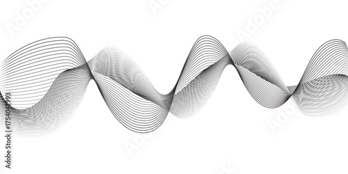 Abstract black and white wave line pattern on white background, smooth flowing curve with dotted mesh texture, modern minimal design concept for technology, sound wave, or digital background.