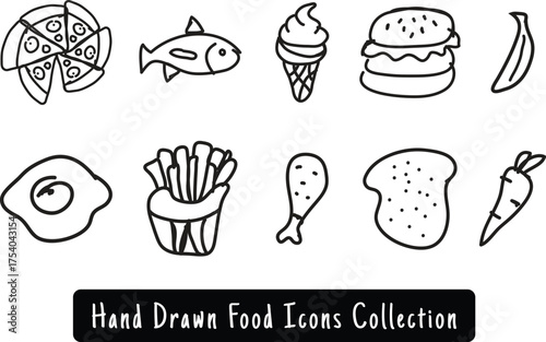 Hand drawn food icons collection doodle line art illustration