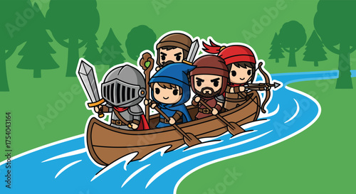Fantasy adventurers paddle down winding river in small wooden boat, ready for quest with swords, bows, and magic staff on bright day.