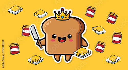 Happy toast character wearing crown and holding knife surrounded by buttered toast and jam jars on yellow backdrop creates whimsical food scene.