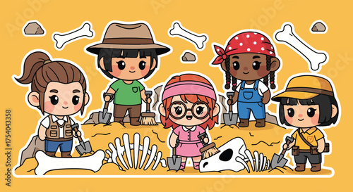 Diverse group of children excavating dinosaur bones in sandy desert, uncovering prehistoric fossils with shovels and brushes, creating educational and adventurous scene.
