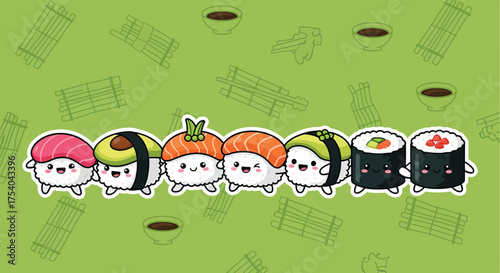 Cute sushi characters line up on a green table with soy sauce bowls and bamboo mats, creating a playful and delicious food scene.