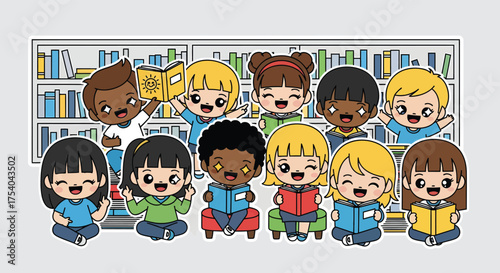 Diverse group of children reading books together in a library, fostering a love of learning and literacy in a colorful and joyful atmosphere.