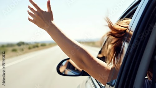 Carefree woman with her hand out of the car window. Enjoying a summer road trip journey. Concept of freedom, youth, and adventure