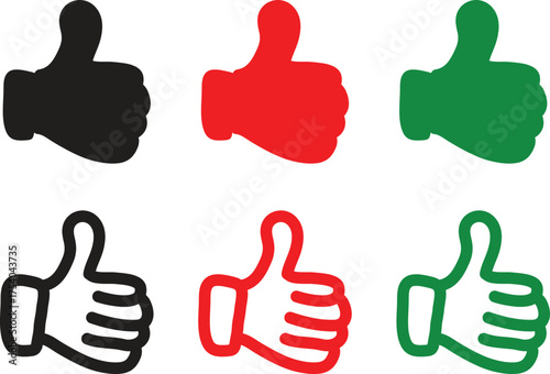 Thumbs up icon set in black red and green colors flat and outline style