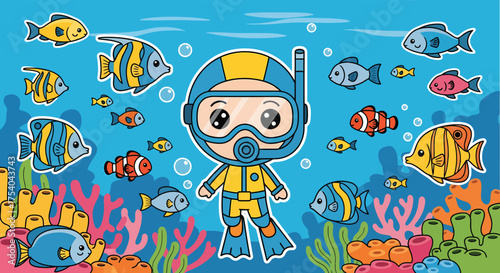 Cartoon diver explores coral reef surrounded by colorful fish in a vibrant underwater scene, showcasing the beauty and wonder of marine life.