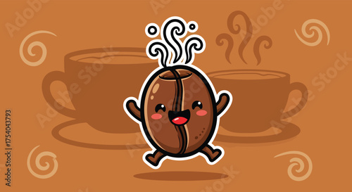 Happy coffee bean character dances joyfully in front of steaming cups on a brown background, representing a cheerful and energetic coffee experience.