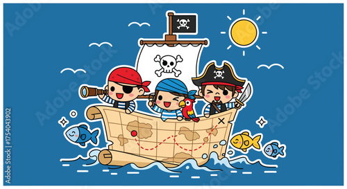 Cartoon pirates sailing on a treasure map ship across the ocean, searching for hidden gold with playful and adventurous spirit.