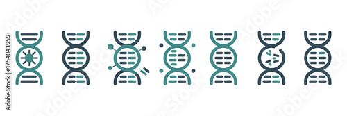 Vector art of set of dna icons showing different states of genetic mutation and damage concept for genetic engineering, biotechnology, and healthcare on transparent background