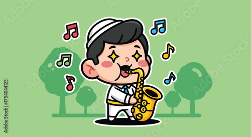 Happy cartoon musician plays saxophone in park surrounded by musical notes, creating joyful and whimsical scene.