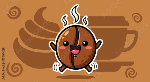 Happy coffee bean jumping with joy in front of a coffee cup and whipped cream on a brown surface, radiating positive energy and cheerfulness.