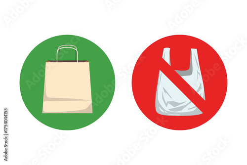 Vector art of ban on plastic bags and use paper bag say no to plastic bags environmental concept vector illustration of paper and plastic bag on transparent background