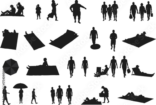 Beach silhouettes, summer leisure, outdoor activity, walking, sitting, lying down, umbrella, towel, play, vacation, fun
