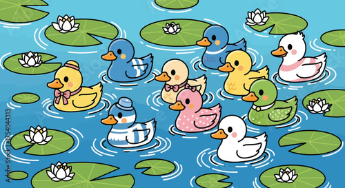 Colorful rubber ducks float peacefully on a pond surrounded by lily pads, creating a whimsical and cheerful scene.