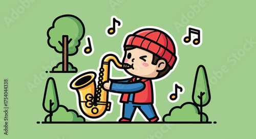 Boy plays saxophone in park surrounded by trees and musical notes, creating a joyful and whimsical atmosphere.