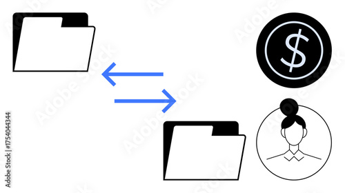 Two folders connected by arrows indicating file transfer. Dollar sign for financial data and user for profile. Ideal for data sharing, finance, file management, networking, business, digital