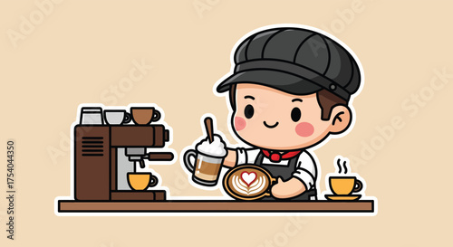 Smiling barista prepares latte art at coffee shop counter, crafting a heart design with frothy milk for a warm and inviting atmosphere.