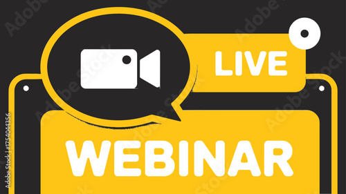 Vector art of live webinar announcement a graphic featuring a video camera icon, the word live, and webinar in bold letters, promoting an online seminar or presentation on transparent background