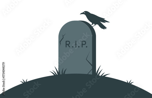 Vector art of a tombstone with rip inscription and a crow perched on it symbol of death, graveyard, halloween, or mourning vector illustration on transparent background