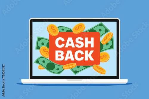 Vector art of cash back concept with laptop, money and coins on blue background online shopping and ecommerce cashback offer financial incentive program and refund on transparent background