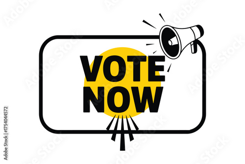 Vector art of vote now message in a black and yellow frame with a megaphone, urging participation in an election or poll, on transparent background