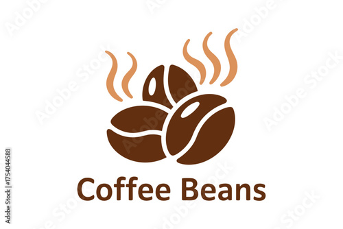 Vector art of a brown graphic of coffee beans with steam rising from them, and the words coffee beans written underneath, enjoy the aroma on transparent background