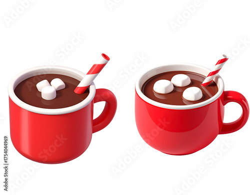 Two red cups of hot chocolate with marshmallows and straws isolated on transparent background new png