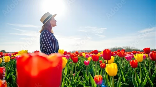 A woman in a hat stands in a colorful field of tulips on a sunny spring day. Travel and lifestyle concept. Slow motion footage with copy space in the sky