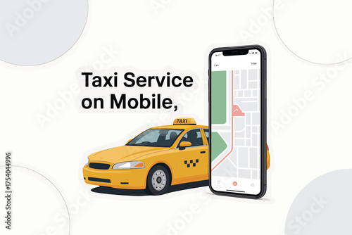 Vector art of taxi service on mobile concept yellow taxi car and mobile phone with map application modern urban transportation and technology on transparent background