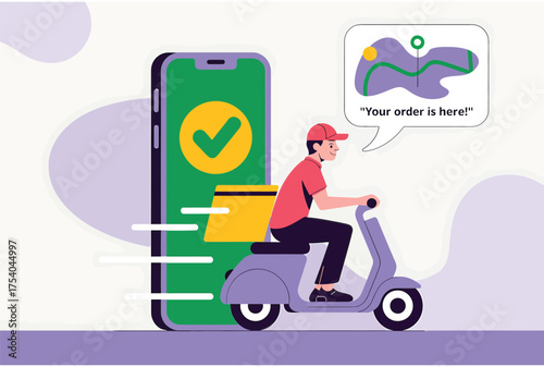 Vector art of online order delivery service courier on scooter delivering package vector illustration of mobile app with delivery tracking and map on transparent background