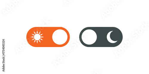 Vector art of a light and dark mode toggle switch, the light mode switch is orange with a sun icon, and the dark mode switch is gray with a moon icon on transparent background