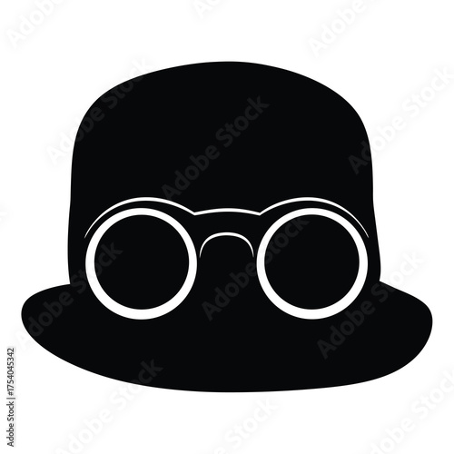 Stylized depiction of bowler hat with distinctive glasses in black and white
