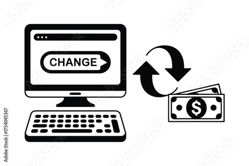 Vector art of online currency exchange concept showcasing a computer screen displaying a change button with money and a circular arrow symbol on transparent background
