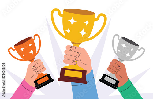 Illustration of three hands holding up gold, bronze, and silver trophies, symbolizing victory, achievement, and success in competition on transparent background