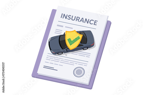 Vector art of car insurance policy document vehicle protection concept with shield and checkmark paperwork for auto coverage and safety agreement vector illustration on transparent background