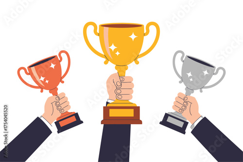 Illustration of three hands holding gold, bronze, and silver trophies, representing success, achievement, and competitive spirit on transparent background